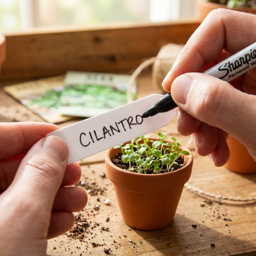 Writing cilantro on plant label with permanent marker