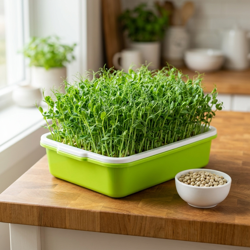 Microgreen growing tray with pea shoots on kitchen counter