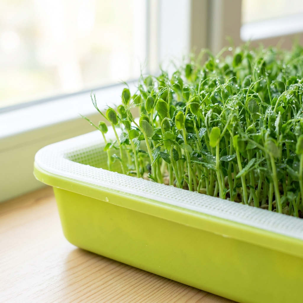 Fresh pea microgreens growing in tray by window