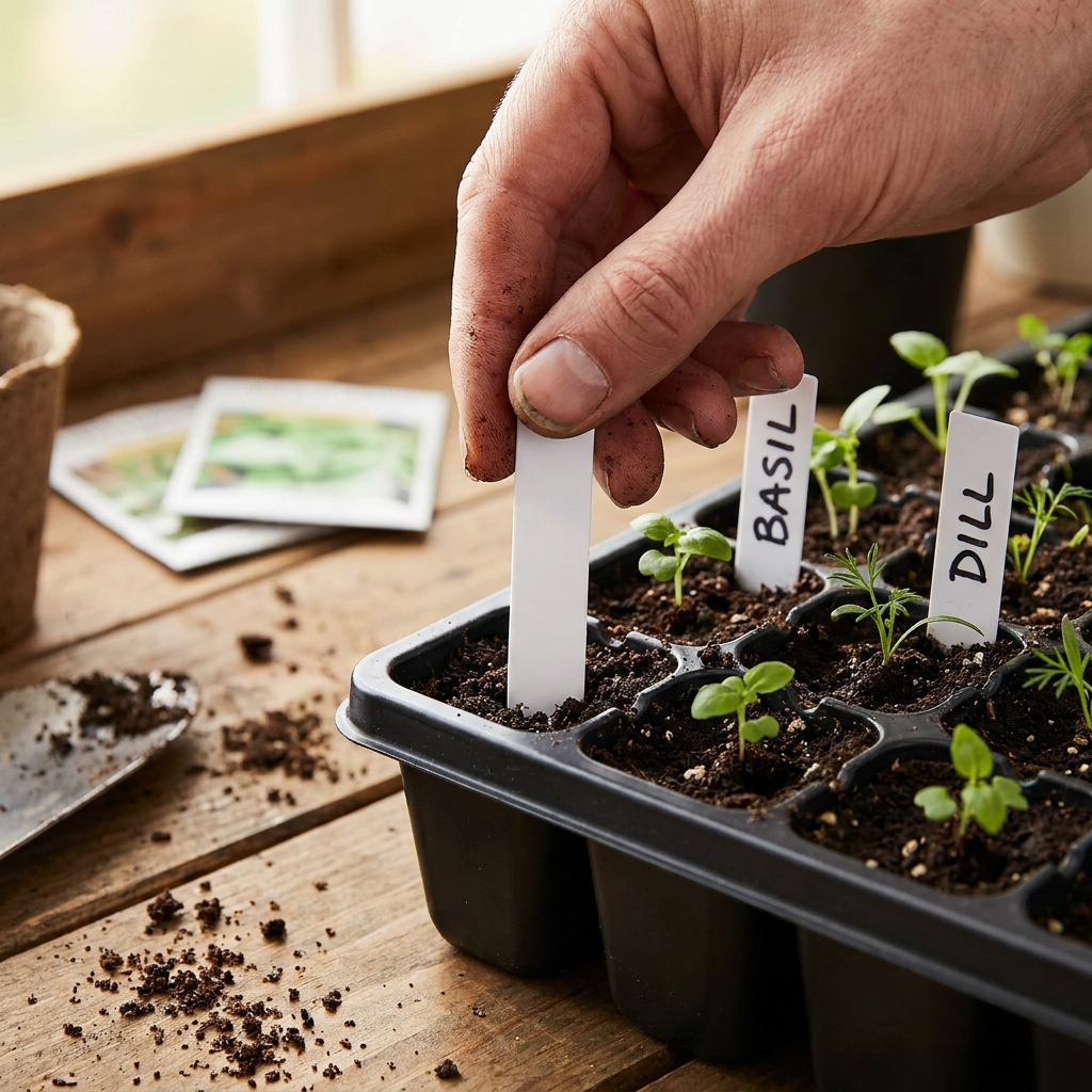 Plant labels marking basil and dill seedlings in tray