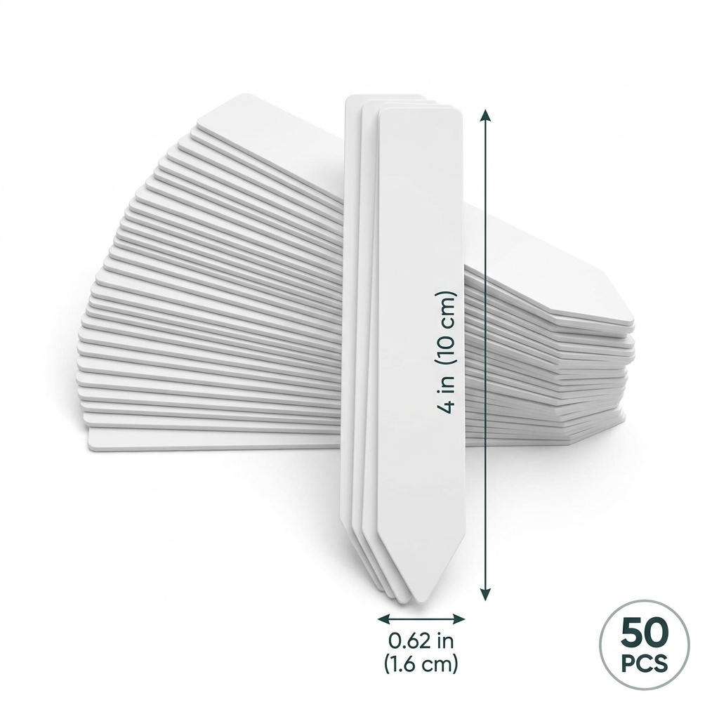50-pack of white plastic plant labels with dimensions