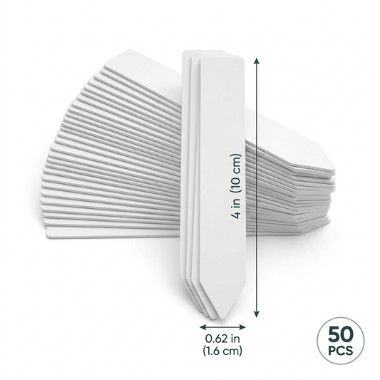 50-pack of white plastic plant labels with dimensions