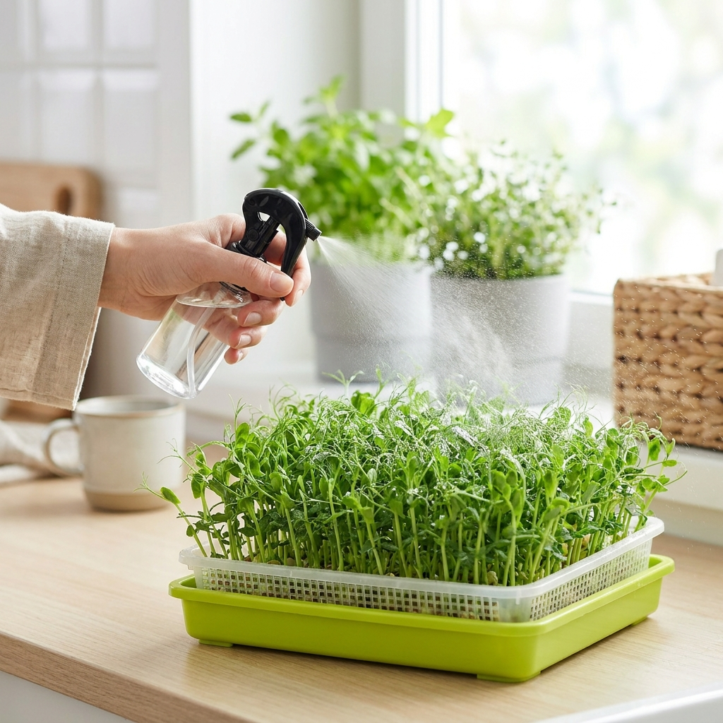 Misting pea shoot microgreens with spray bottle