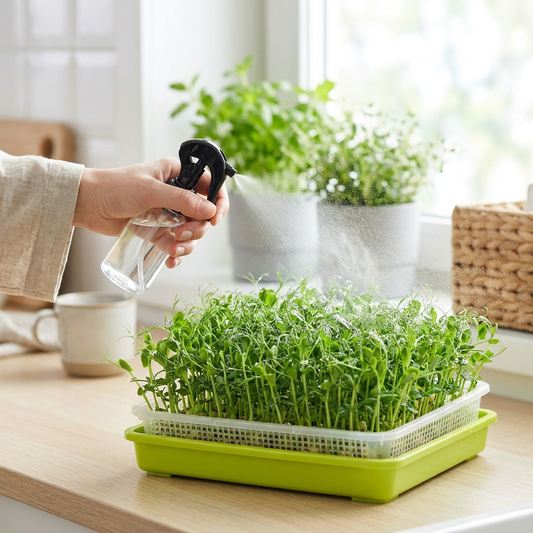 Misting pea shoot microgreens with spray bottle
