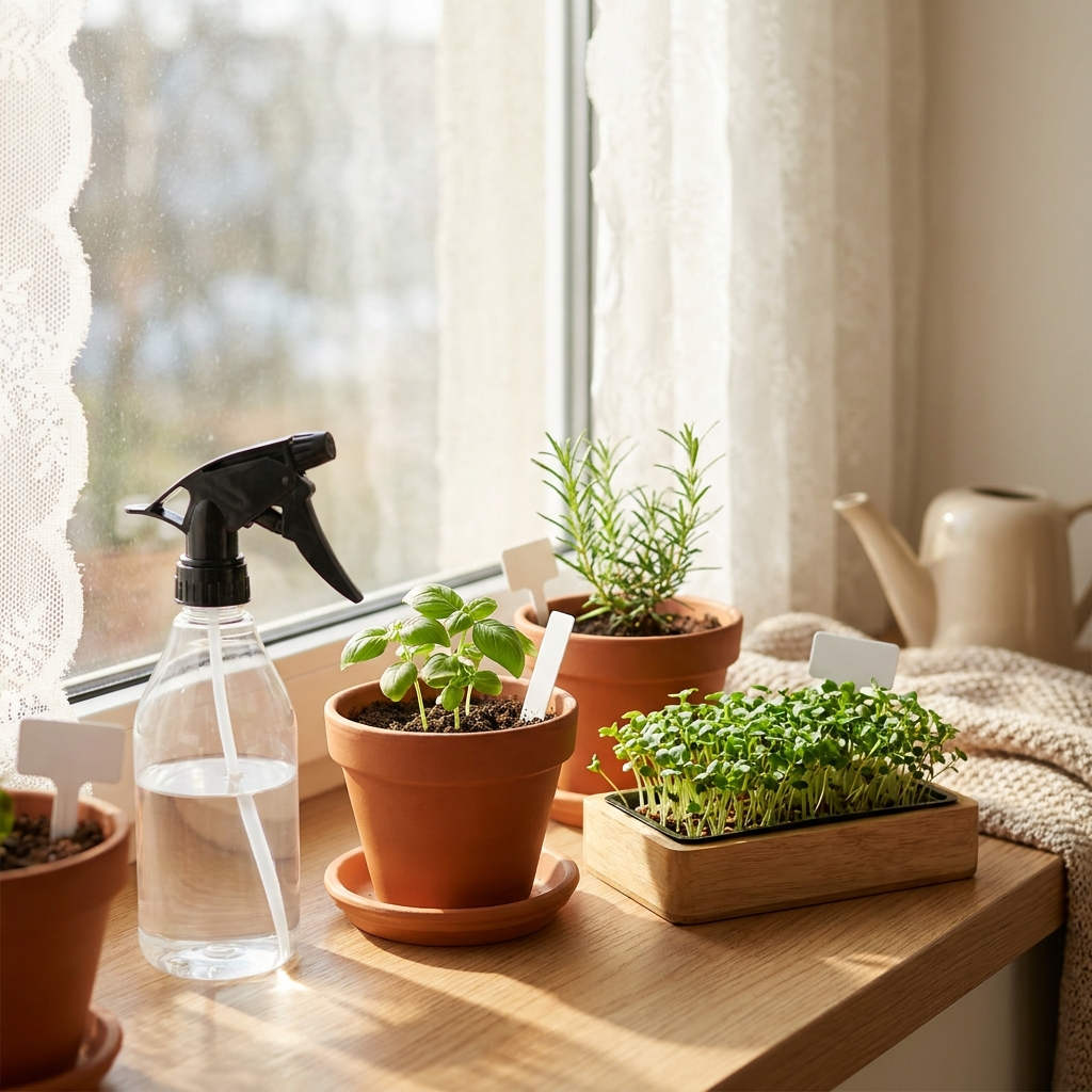 Spray bottle with herbs and microgreens on windowsill