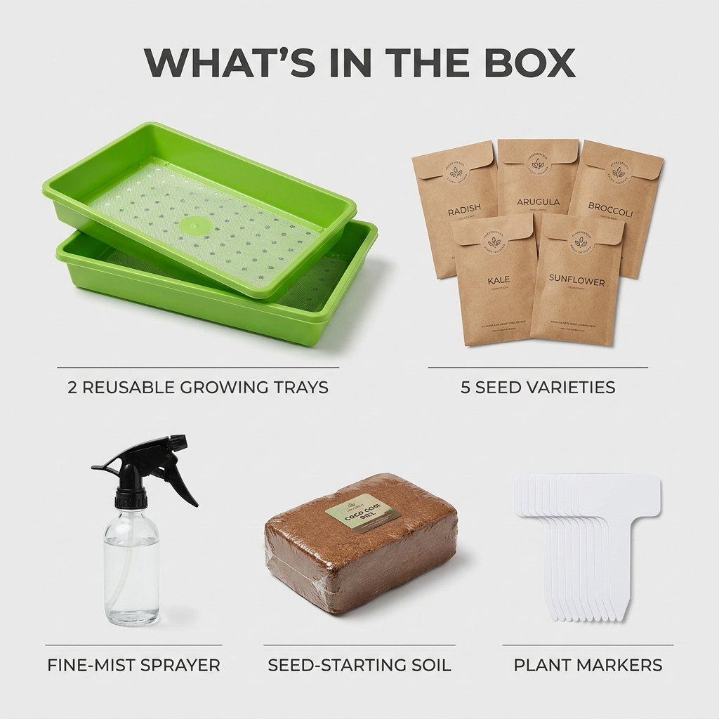 What's in the box - trays, seeds, sprayer, soil, plant markers