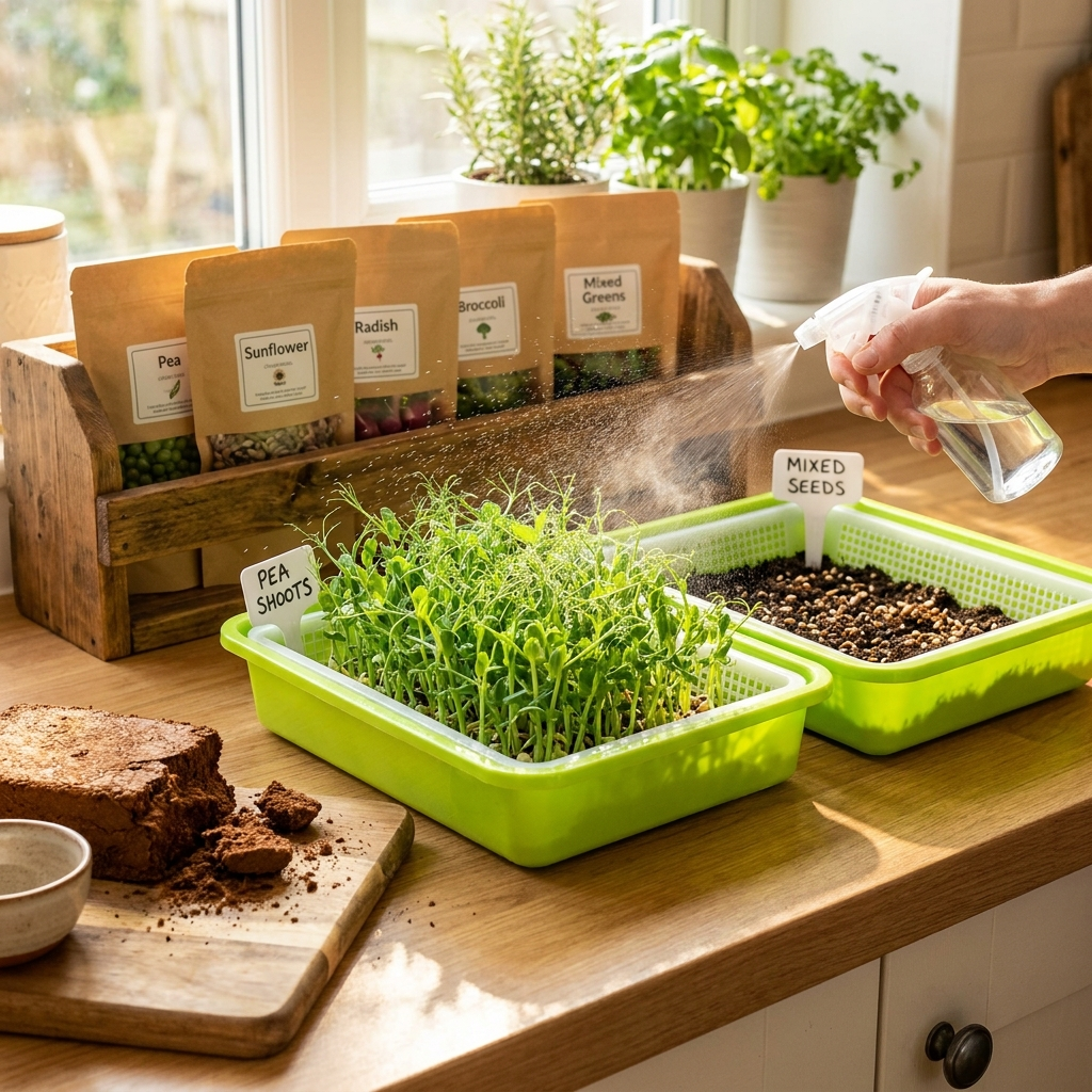 Growing microgreens on a kitchen countertop