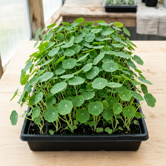Nasturtium microgreens growing in tray