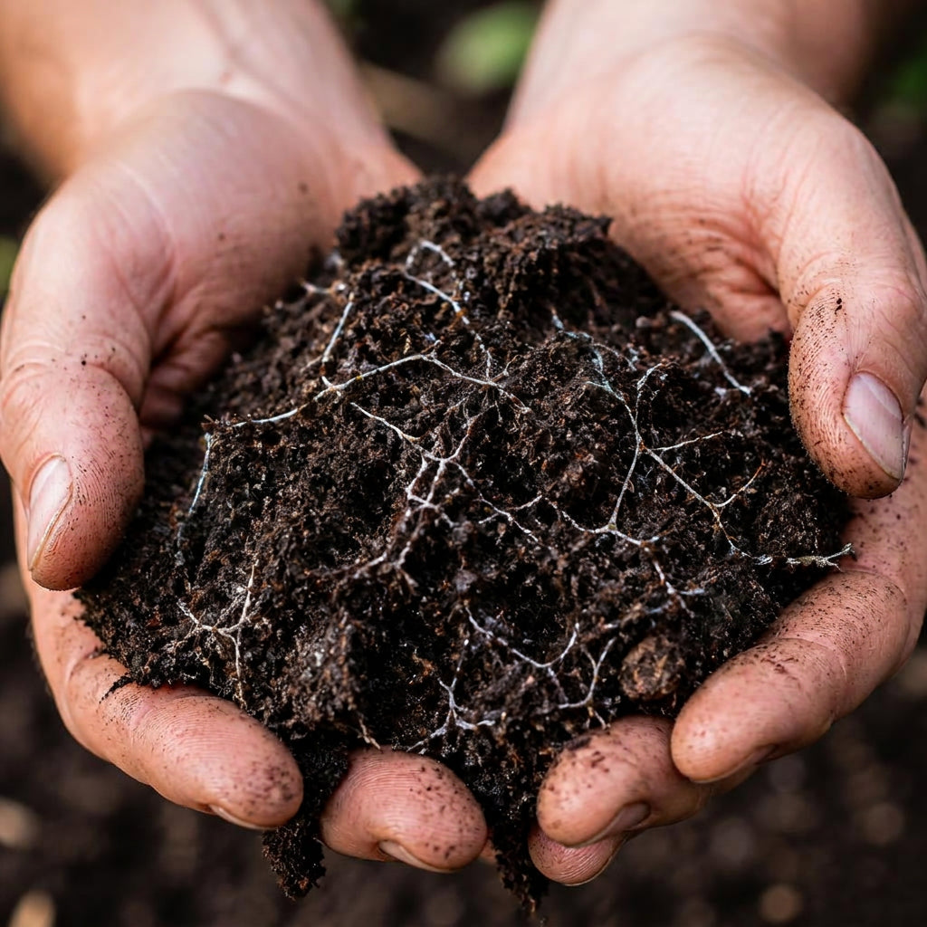 Hands cupping rich soil with mycelium threads